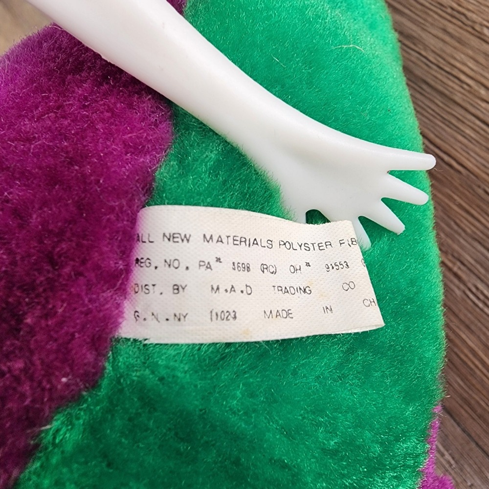 Vintage Barney the Dinosaur Plush Purple Green Stuffed Animal Yellow Bow Tie 12" - Picture 7 of 10